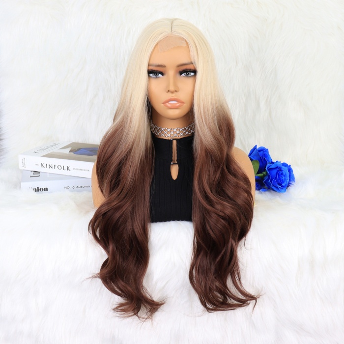 Platin Çikolata Kahve Ombreli Uzun Dalgalı Tül Peruk