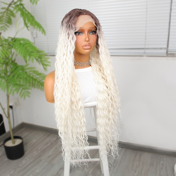 Afro Dalga Kumral Beyaz Platin Ombre Fiber Sentetik Tül Peruk