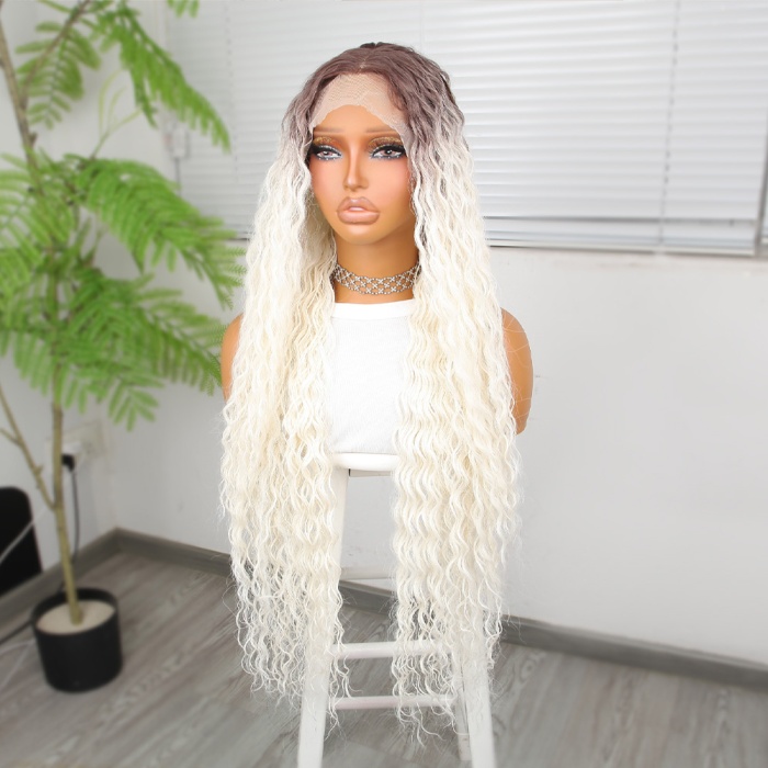 Afro Dalga Kumral Beyaz Platin Ombre Fiber Sentetik Tül Peruk