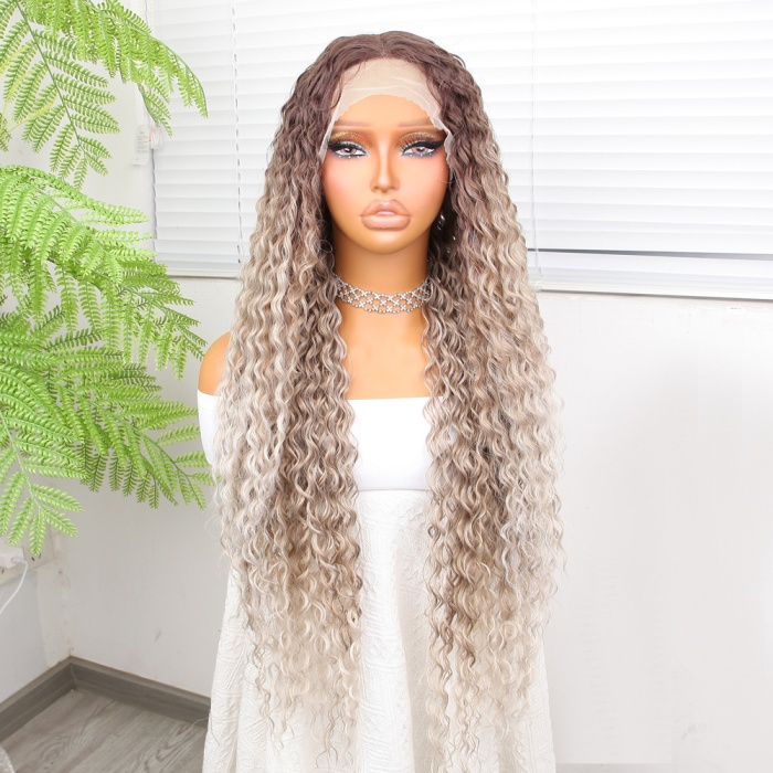 Afro Dalga Rus Kumralı Beyaz Platin Ombreli Işıltılı Fiber Sentetik Tül Peruk