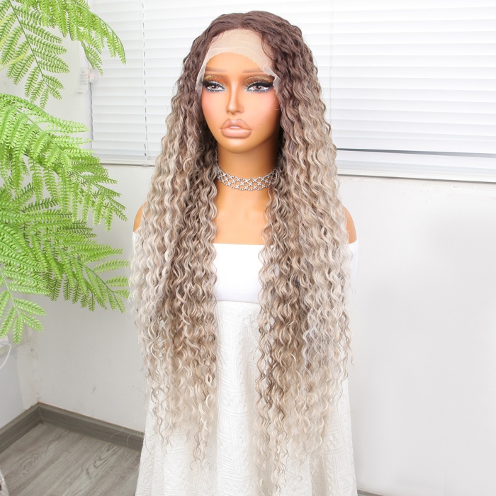 Afro Dalga Rus Kumralı Beyaz Platin Ombreli Işıltılı Fiber Sentetik Tül Peruk