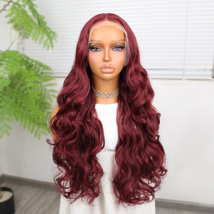 Gür Yoğun Su Dalgalı Koyu Kızıl Fiber Sentetik Uzun Tül Peruk