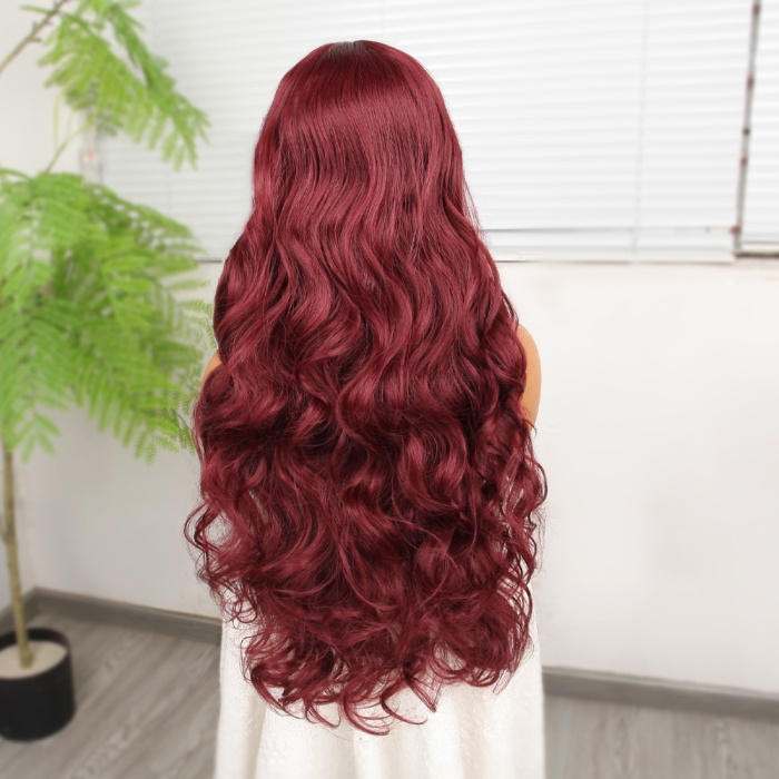 Gür Yoğun Su Dalgalı Koyu Kızıl Fiber Sentetik Uzun Tül Peruk