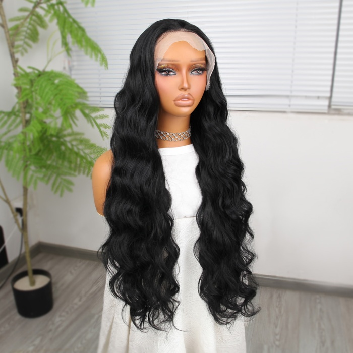 Siyah Ekstra Uzun Fiber Sentetik Dalgalı Tül Peruk