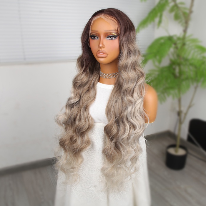 Rus Kumralı Beyaz Platin Ombreli Işıltılı Ekstra Uzun Fiber Sentetik Dalgalı Tül Peruk