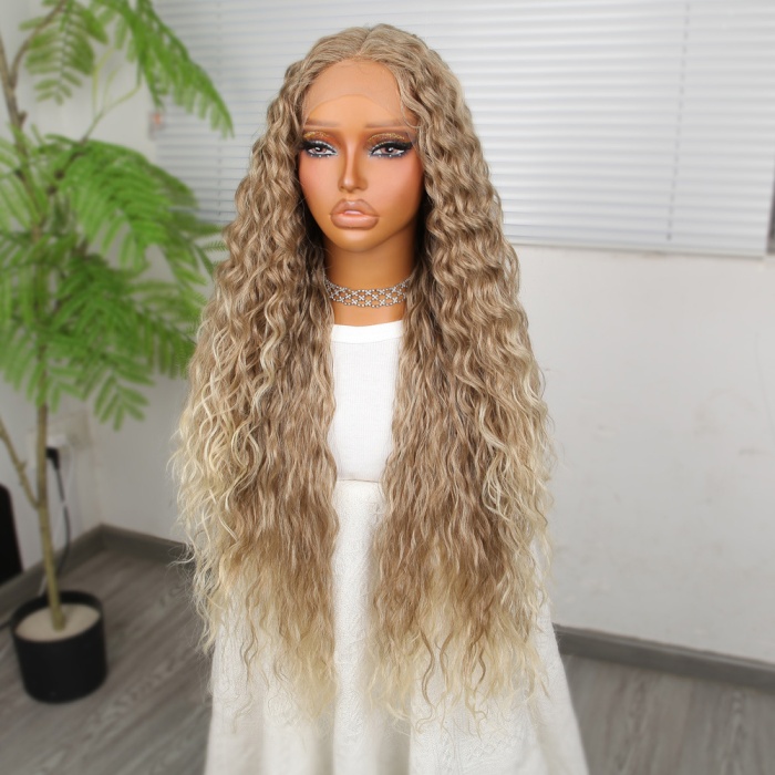 Yoğun Dalga Kumral Platin Röfleli Fiber Sentetik Geniş T Tül Peruk