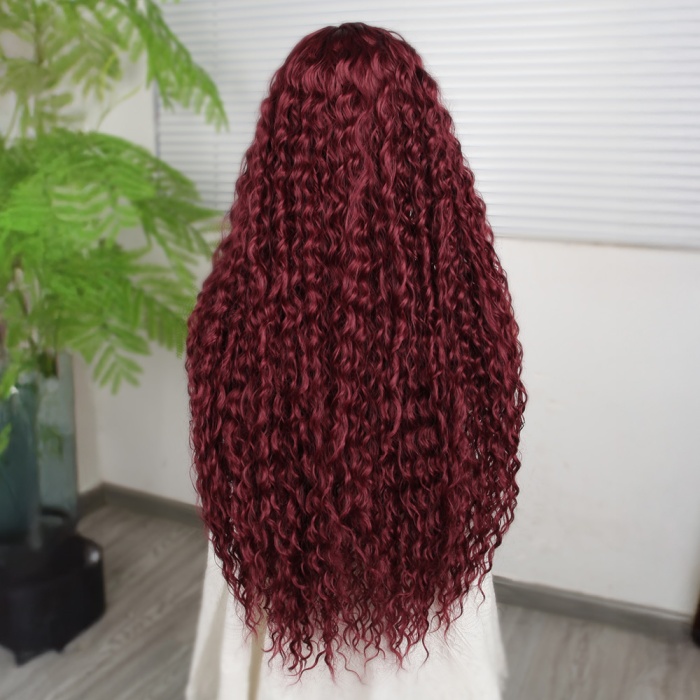 Afro Dalga Koyu Kızıl Fiber Sentetik T Tül Peruk