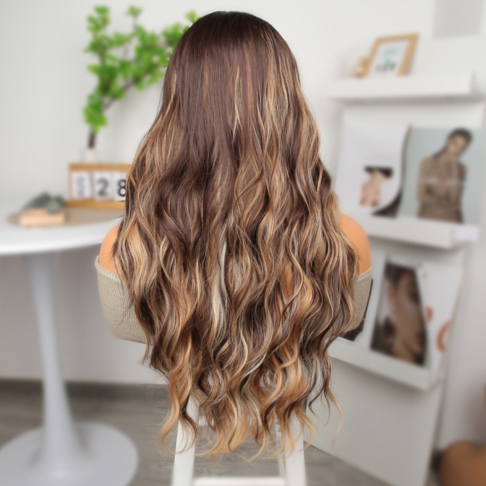 Kahverengi Platin ve Balköpüğü Işıltılı Dalgalı Tül Peruk