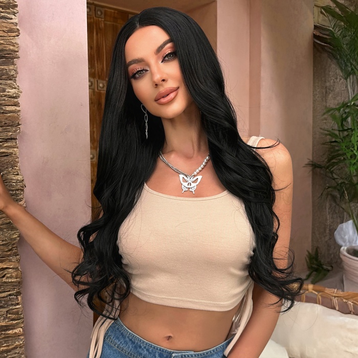 Uzun Siyah Su Dalgalı Tül Peruk