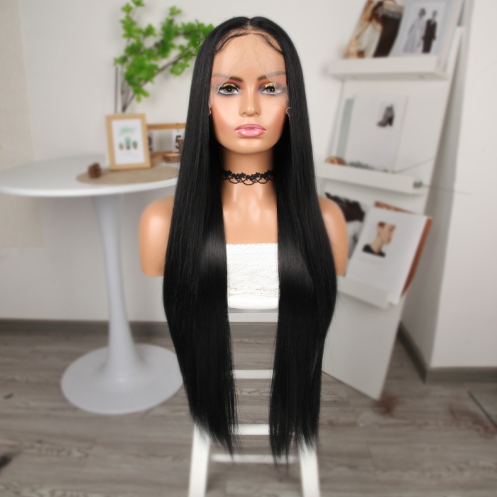 Siyah Ekstra Uzun Fiber Sentetik Düz Tül Peruk