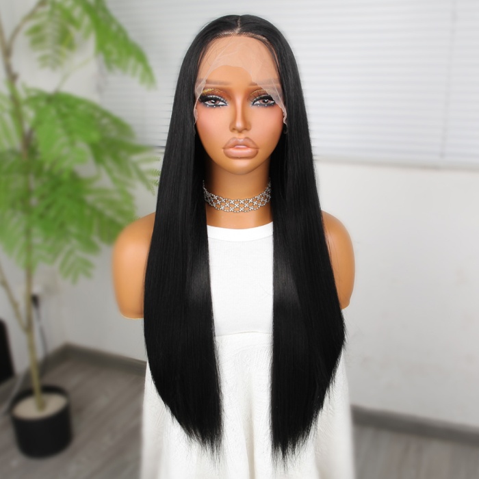 Siyah Fiber Sentetik Düz Tül Peruk