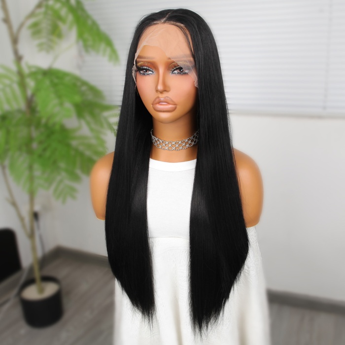 Siyah Fiber Sentetik Düz Tül Peruk