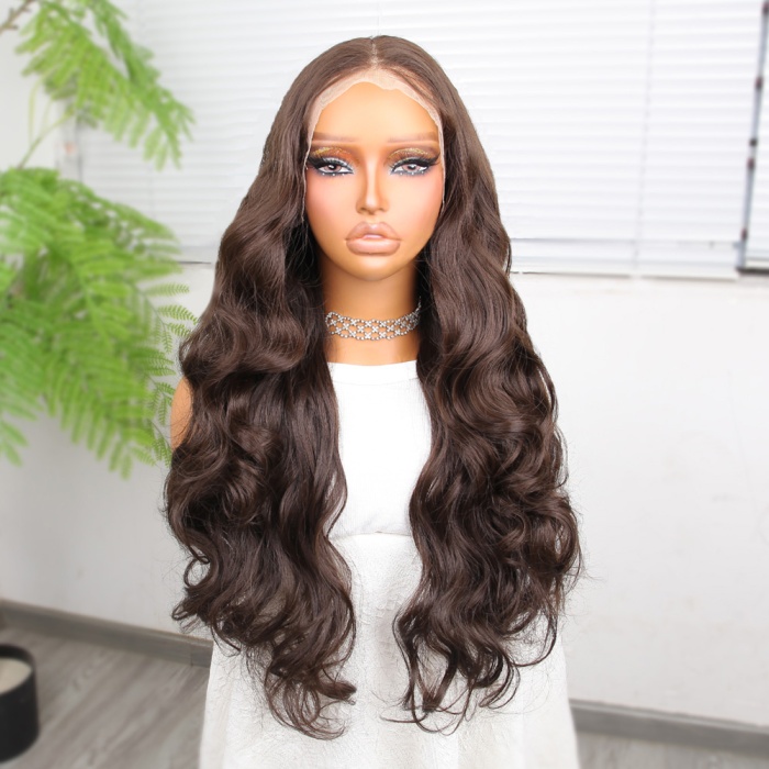 Gür Yoğun Su Dalgalı Koyu Kumral Fiber Sentetik Uzun Tül Peruk
