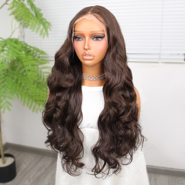 Gür Yoğun Su Dalgalı Koyu Kumral Fiber Sentetik Uzun Tül Peruk