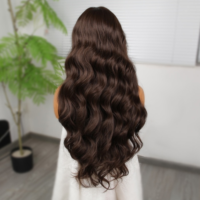 Koyu Kumral Dalgalı Fiber Sentetik Tül Peruk