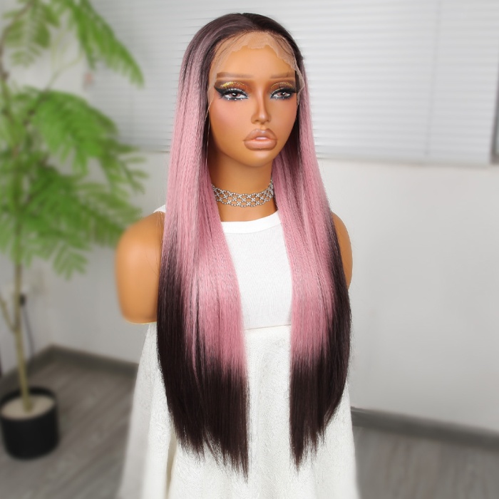 Koyu Kestane Pembe Ombreli Fiber Sentetik Tül Peruk