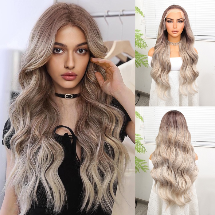 Rus Kumralı Beyaz Platin Ombre  ve Röfleli Fiber Sentetik Geniş Dalgalı Tül Peruk