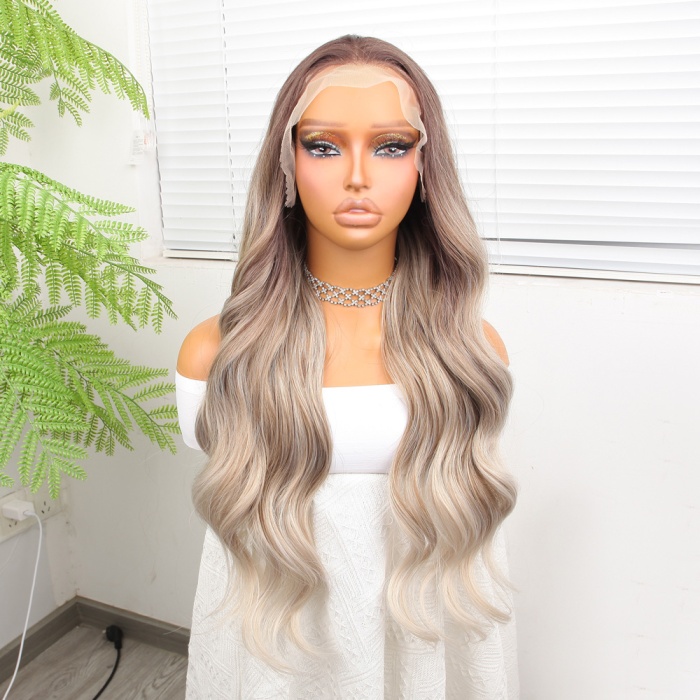 Rus Kumralı Beyaz Platin Ombre  ve Röfleli Fiber Sentetik Geniş Dalgalı Tül Peruk