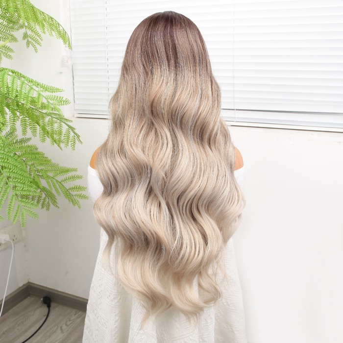 Rus Kumralı Beyaz Platin Ombre  ve Röfleli Fiber Sentetik Geniş Dalgalı Tül Peruk