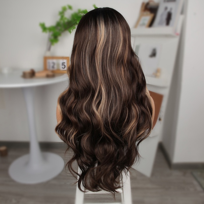 Koyu Kestane Balköpüğü Işıltılı Fiber Sentetik Geniş Dalgalı Tül Peruk