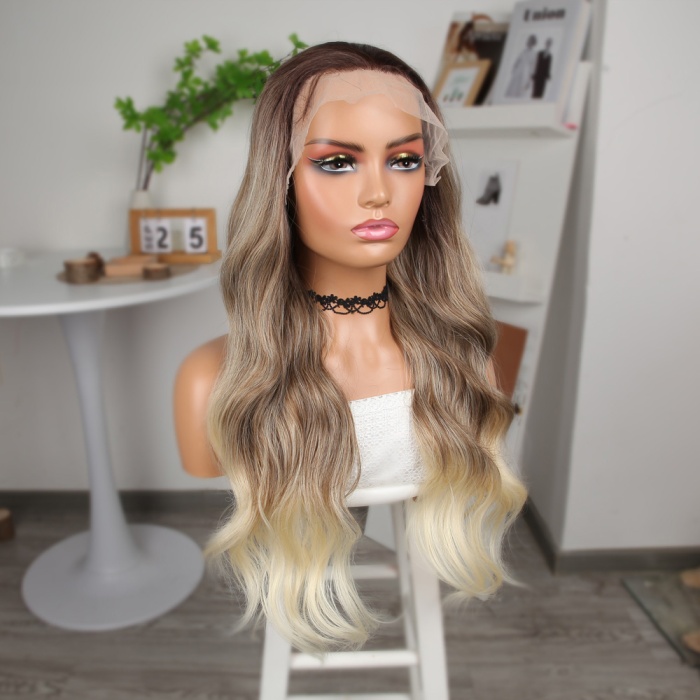 Bebek Kumralı Platin Ombre  ve Röfleli Fiber Sentetik Geniş Dalgalı Tül Peruk