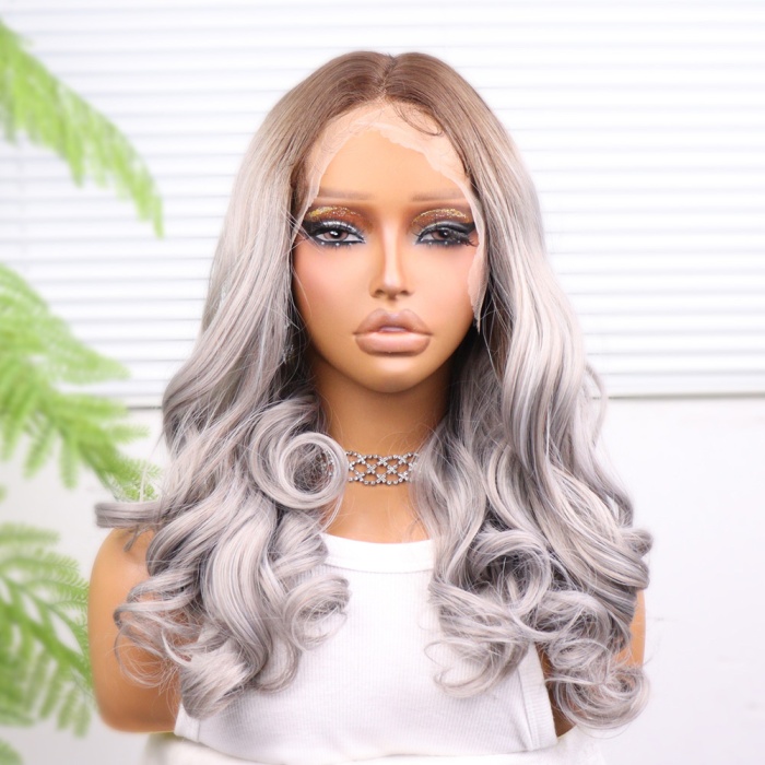 Açık Kumral Gri Ombreli Bebek Saçlı Geniş Dalgalı Fiber Sentetik Tül Peruk