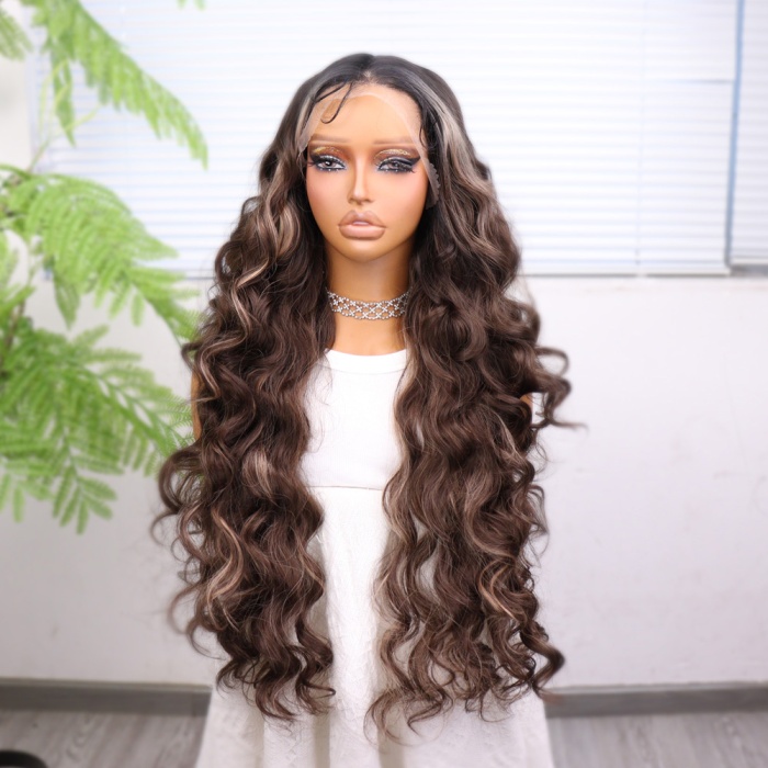 Koyu Kestane Açık Kumral Ombreli Balköpüğü Işıltılı Fiber Sentetik Tül Peruk