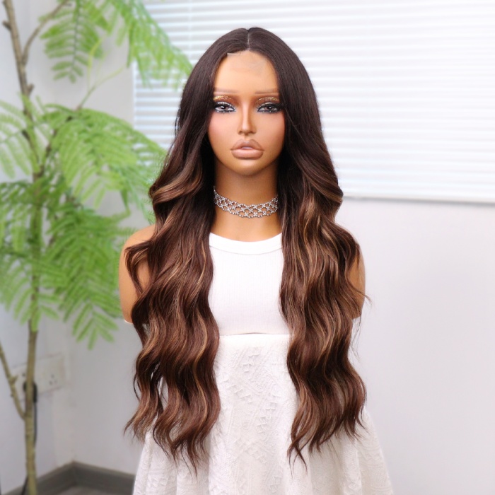 Kahverengi Karamel Işıltılı ve Ombreli Tül Peruk