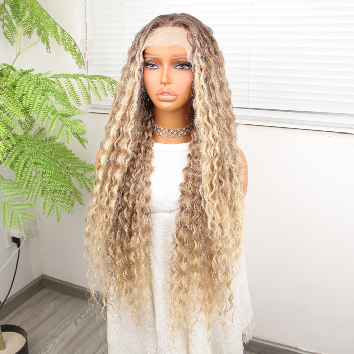 Afro Dalga Kumral Balköpüğü Ombre ve Röfleli Fiber Sentetik Tül Peruk