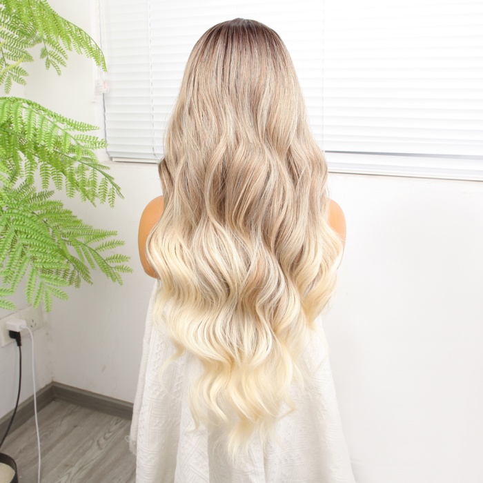 Kumral Platin Ombre  ve Röfleli Fiber Sentetik Geniş Dalgalı Tül Peruk