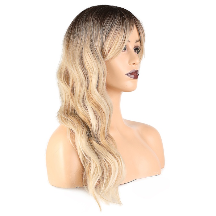 Dalgalı Perçemli Fiber Sentetik Orta Boy Peruk - Kahve Platin Röfleli