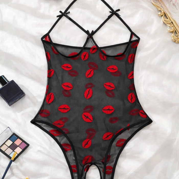 Öpücük Desenli Transparan Siyah Fantazi İç Giyim TM1385