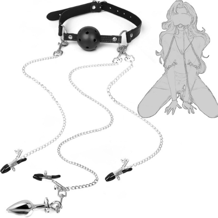 BDSM 4’ü 1 Arada Bondage Seti – Ağızlık, Klipsler ve Anal Plug Zincir
