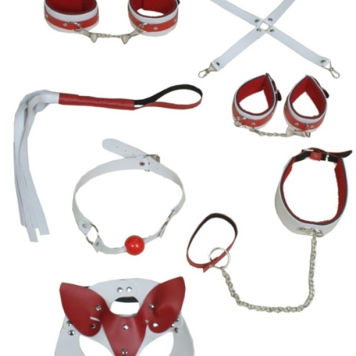 Censan 7 Parça Fetiş Esaret Seti Kırmızı Beyaz Kedi Maskeli