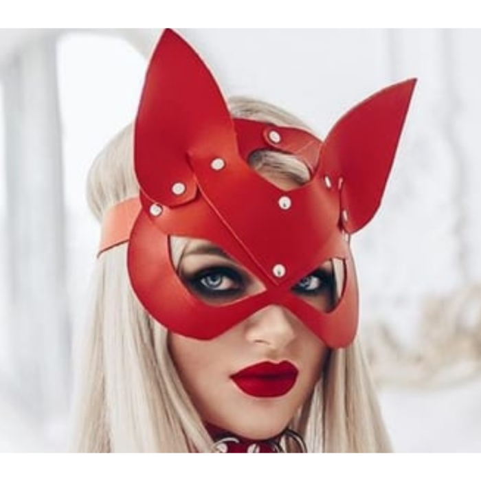 Fantezi Deri Seksi Kırmızı Kedi Maske Kelepçe Kırbaç Seti ( 3lü set) BC5367