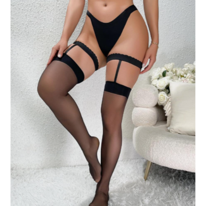 Kadın Siyah Dantel Bacak Bantlı String Jartiyer Çorap Takımı BC0046