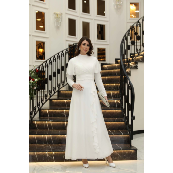 ASİL İNCİ DETAYLI ABİYE ELBİSE EKRU