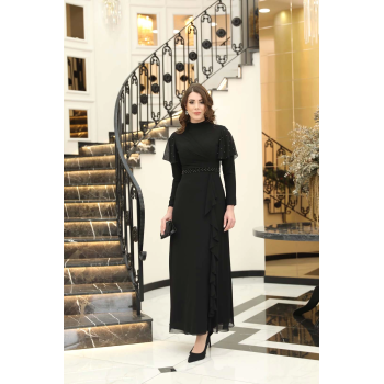 ASİL İNCİ DETAYLI ABİYE ELBİSE SİYAH