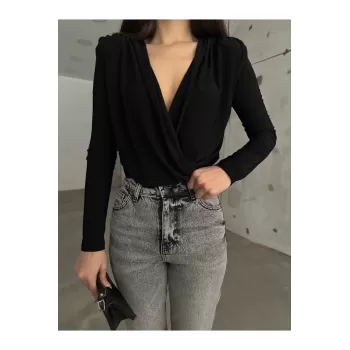 Siyah Kruvaze Yaka Vatkalı Bodysuit