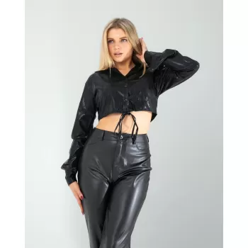 Siyah Yılan Varaklı Beli Bağcıklı Gömlek