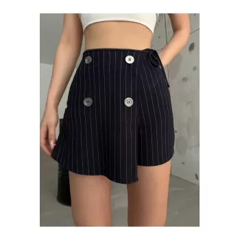 Lacivert Düğme Detaylı İtalyan Çizgili Şort Etek