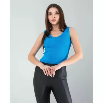 Mavi Merdiven Yaka Kalın Askı Crop Bluz