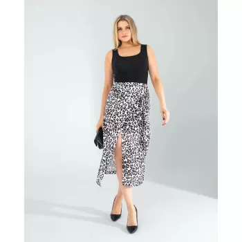 Yandan Büzgülü Leopar Desenli Saten Etek