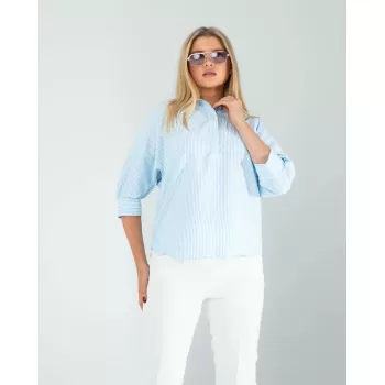 Yarım Düğme Mavi Çizgili Beyaz Gömlek