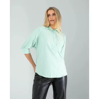 Yarım Düğme Yeşil Çizgili Beyaz Gömlek