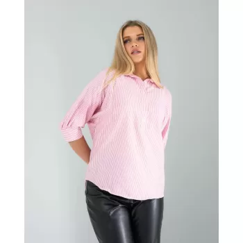 Yarım Düğme Pembe Çizgili Beyaz Gömlek