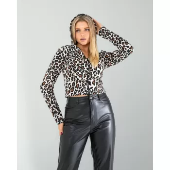 Leopar Desenli Kapşonlu Hırka 