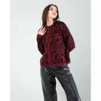 Kırmızı Leopar Desen Sakal Triko Hırka