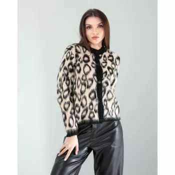 Camel Leopar Desen Sakal Triko Hırka