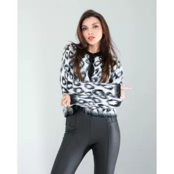 Siyah Beyaz Leopar Desen Sakal Triko Hırka